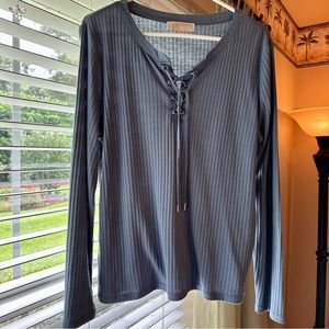 Women’s XL Michael Kors ribbed long sleeve blouse, slate blue, lace up front.